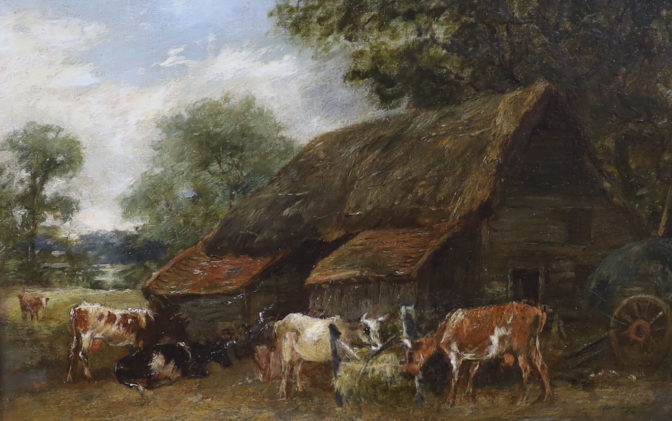 Arthur James Stark (1831-1902), oil on canvas, Farmyard scene with cattle grazing, unsigned, applied plaque to the frame, 19 x 29cm